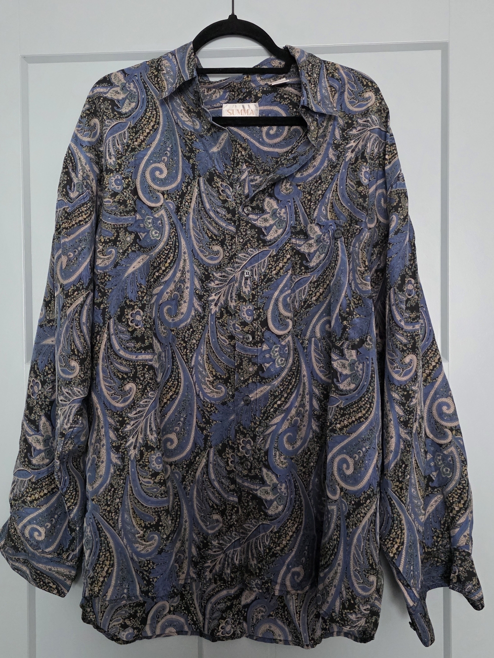Vintage 90s Summa Silk Paisley Button Down Shirt Mens Large Blue Black Grandad